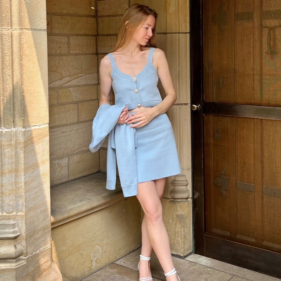 Sophisticated blue three piece suit (skirt, top, cardigan) - Picture 1 of 6